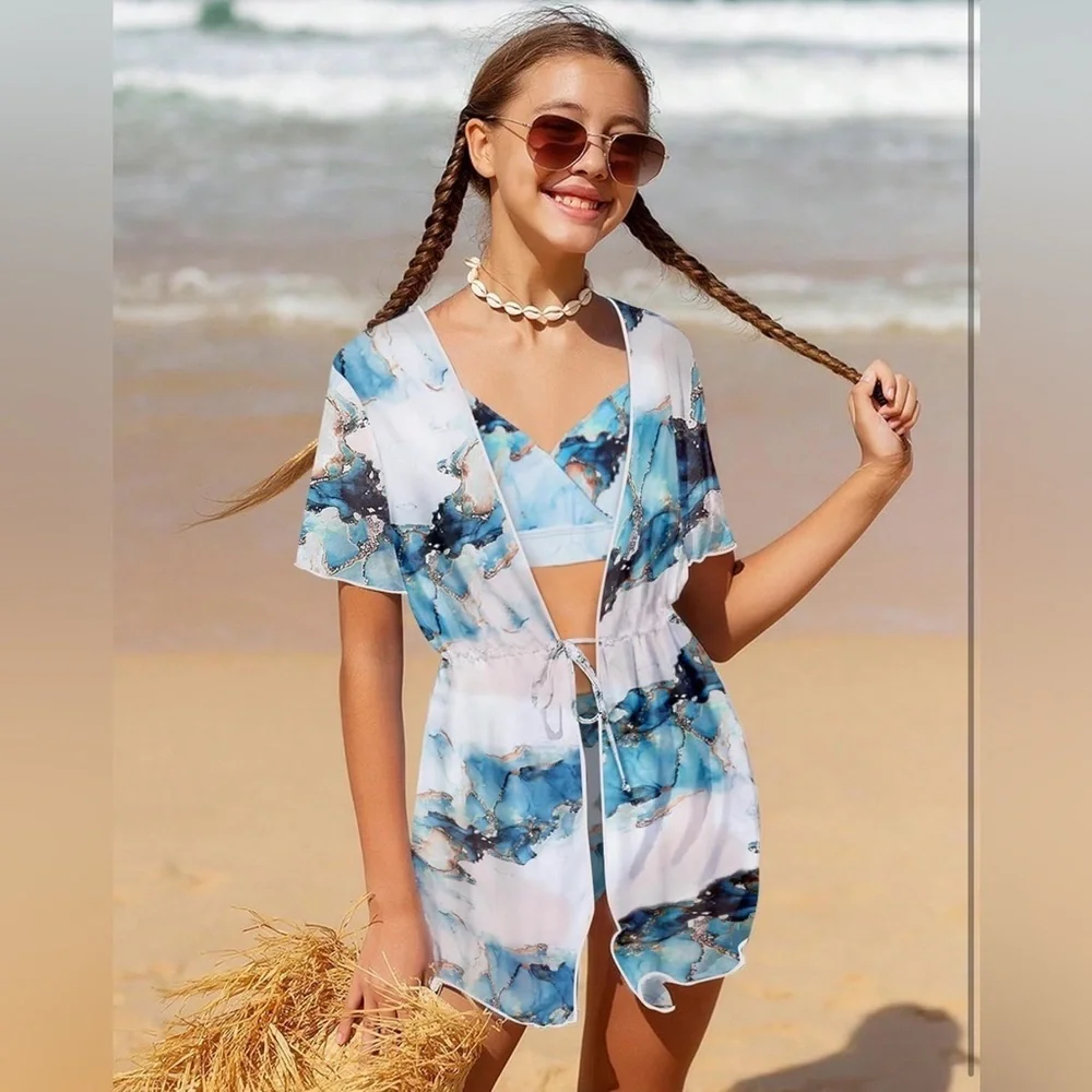 Blue Marble Print Swim Set with Cover-Up
